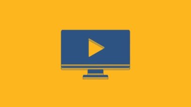 Mavi Online video oynatma simgesi turuncu arkaplanda izole edildi. Bilgisayar monitörü ve oyun işaretli film şeridi. 4K Video hareketli grafik canlandırması.