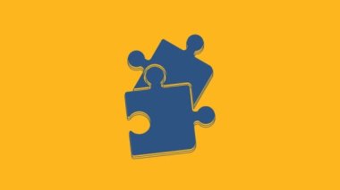 Blue Piece of puzzle icon isolated on orange background. Business, marketing, finance, template, layout, infographics, internet concept. 4K Video motion graphic animation.