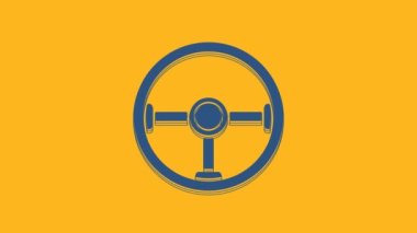 Blue Steering wheel icon isolated on orange background. Car wheel icon. 4K Video motion graphic animation.