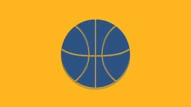 Turuncu arka planda izole edilmiş mavi basketbol topu ikonu. Spor sembolü. 4K Video hareketli grafik canlandırması.