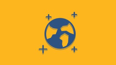 Blue Earth globe icon isolated on orange background. World or Earth sign. Global internet symbol. Geometric shapes. 4K Video motion graphic animation.