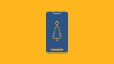 Ekran simgesinde turuncu arka planda izole edilmiş hediye kutusu olan mavi akıllı telefon. Mutlu Noeller ve mutlu yıllar. 4K Video hareketli grafik canlandırması.