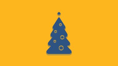 Blue Christmas tree with decorations icon isolated on orange background. Merry Christmas and Happy New Year. 4K Video motion graphic animation.