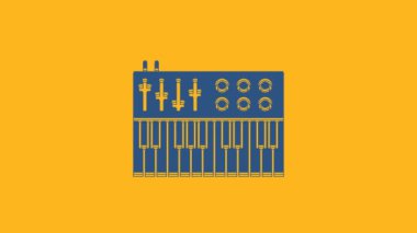 Blue Music synthesizer icon isolated on orange background. Electronic piano. 4K Video motion graphic animation.