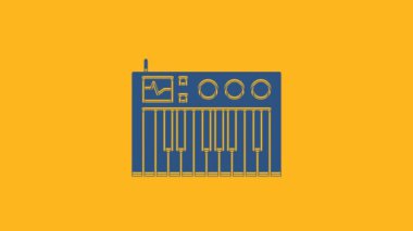 Blue Music synthesizer icon isolated on orange background. Electronic piano. 4K Video motion graphic animation.