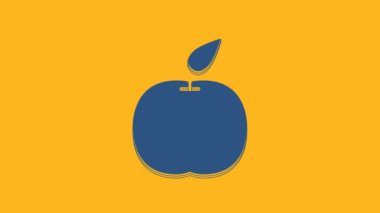 Mavi Elma simgesi turuncu arkaplanda izole edildi. Yaprak sembollü meyve. 4K Video hareketli grafik canlandırması.