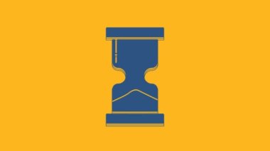 Blue Old hourglass with flowing sand icon isolated on orange background. Sand clock sign. Business and time management concept. 4K Video motion graphic animation.