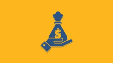 Blue Hand holding money bag icon isolated on orange background. Dollar or USD symbol. Cash Banking currency sign. 4K Video motion graphic animation.