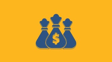 Blue Money bag icon isolated on orange background. Dollar or USD symbol. Cash Banking currency sign. 4K Video motion graphic animation.