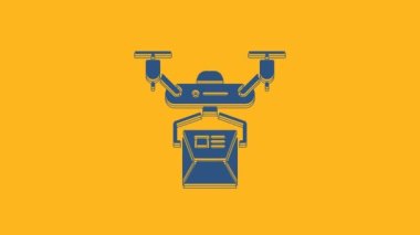 Mavi İHA teslimat konsepti ikonu turuncu arka planda izole edildi. Quadrocopter bir paket taşıyor. Ulaşım, lojistik konsept. 4K Video hareketli grafik canlandırması.