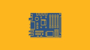 Blue Electronic computer components motherboard digital chip integrated science icon isolated on orange background. Circuit board. 4K Video motion graphic animation.