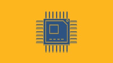 Blue Computer processor with microcircuits CPU icon isolated on orange background. Chip or cpu with circuit board sign. Micro processor. 4K Video motion graphic animation.