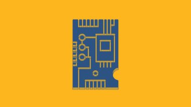 Blue Electronic computer components motherboard digital chip integrated science icon isolated on orange background. Circuit board. 4K Video motion graphic animation.