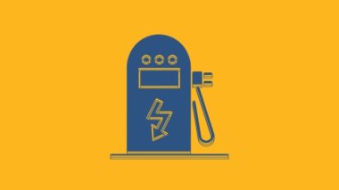 Blue Electric car charging station icon isolated on orange background. Eco electric fuel pump sign. 4K Video motion graphic animation.