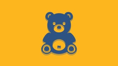 Mavi oyuncak peluş oyuncak ikonu turuncu arka planda izole edilmiş. 4K Video hareketli grafik canlandırması.