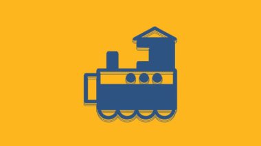 Blue Toy train icon isolated on orange background. 4K Video motion graphic animation.