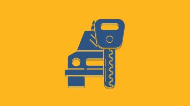 Blue Car rental icon isolated on orange background. Rent a car sign. Key with car. Concept for automobile repair service. 4K Video motion graphic animation.