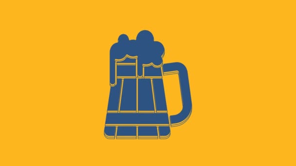 Blue Wooden Beer Mug Icon Isolated Orange Background Video Motion — Stock Video