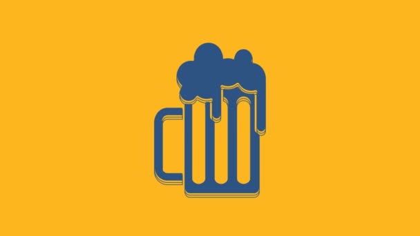 Taza Cerveza Azul Icono Aislado Sobre Fondo Naranja Animación Gráfica — Vídeos de Stock