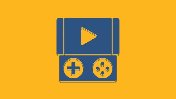 蓝色便携式视频游戏控制台图标隔离在橙色背景 Gamepad标志 游戏的概念 4K视频运动图形动画 — 图库视频影像