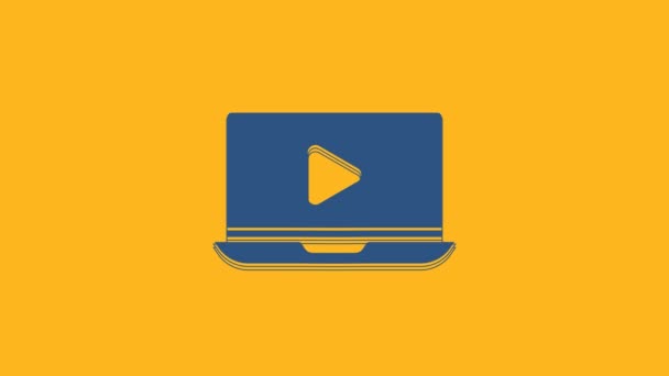 Azul Online Reproducir Icono Vídeo Aislado Sobre Fondo Naranja Portátil — Vídeo de stock