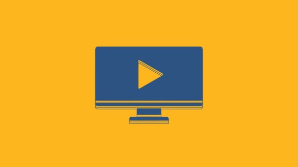ブルーオンライン再生ビデオアイコンオレンジの背景に隔離されました プレイサイン付きのコンピュータモニタとフィルムストリップ 4Kビデオモーショングラフィックアニメーション — ストック動画