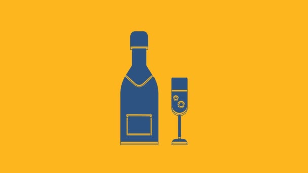 Bottiglia Champagne Blu Bicchiere Icona Champagne Isolato Sfondo Arancione Buon — Video Stock