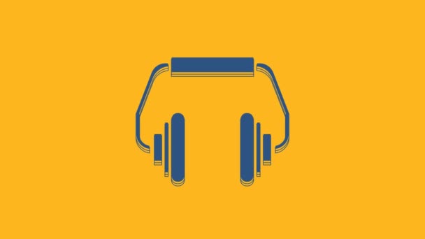 蓝色耳机图标孤立在橙色背景 听音乐 交流和操作员的概念 4K视频运动图形动画 — 图库视频影像