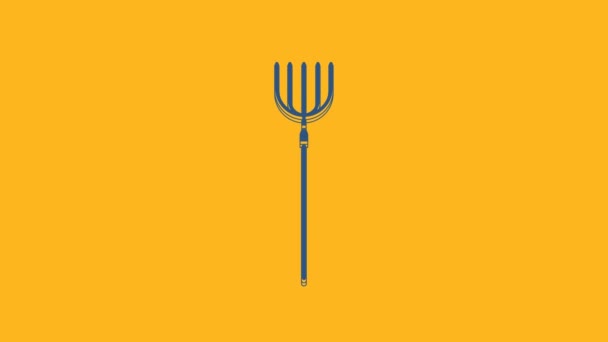 Значок Blue Garden Pitchfork Выделен Оранжевом Фоне Вывеска Вилкой Инструмент — стоковое видео