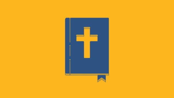 オレンジ色の背景に青い聖書の本のアイコンが隔離されています 4Kビデオモーショングラフィックアニメーション — ストック動画
