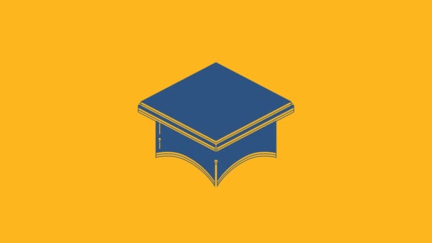 蓝色毕业帽图标孤立在橙色背景 有花生酱图标的毕业帽 4K视频运动图形动画 — 图库视频影像