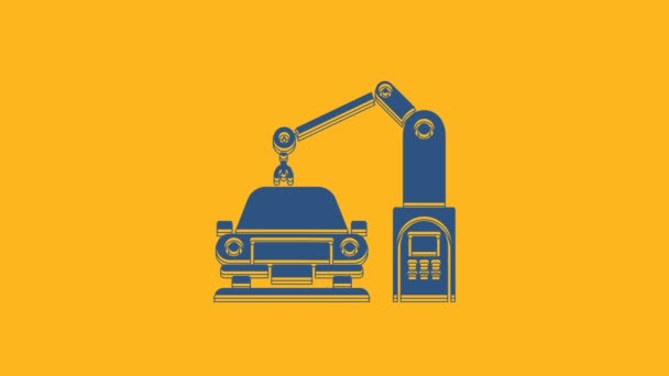 蓝色工业机器机器人手扶手与汽车厂图标隔离在橙色背景 工业自动化生产汽车 4K视频运动图形动画 — 图库视频影像