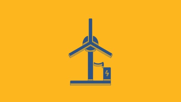 オレンジ色の背景に分離された青い風力タービンアイコン 風力発電機の標識 電力生産のための風車 4Kビデオモーショングラフィックアニメーション — ストック動画