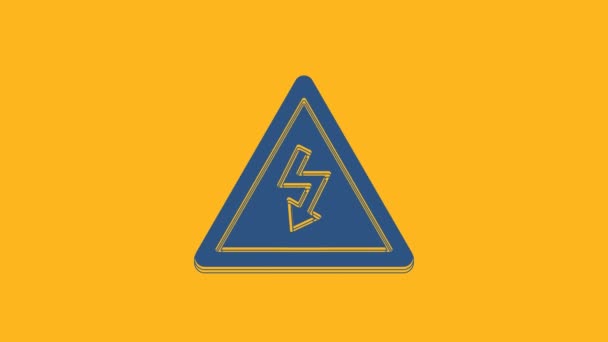 Modrá Vysokonapěťová Ikona Izolovaná Oranžovém Pozadí Symbol Nebezpečí Šipka Trojúhelníku — Stock video