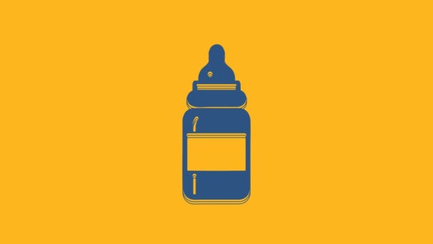 オレンジの背景にブルーのベビーボトルのアイコン 哺乳瓶のアイコンを供給 ミルクボトルの看板 4Kビデオモーショングラフィックアニメーション — ストック動画