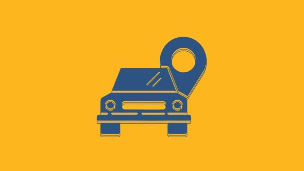 オレンジの背景にタクシーアイコンが隔離されたブルーマップポインタ 場所のシンボル 4Kビデオモーショングラフィックアニメーション — ストック動画