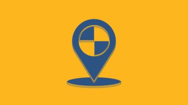 Blue Map pointer with taxi icon isolated on orange background. Location symbol. 4K Video motion graphic animation.