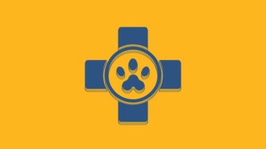 Mavi Veteriner Kliniği sembolü turuncu arka planda izole edilmiş. Çapraz hastane işareti. Stilize pati izi köpek ya da kedi. Evcil hayvan ilk yardım işareti. 4K Video hareketli grafik canlandırması.