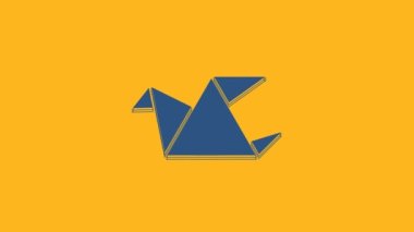 Mavi Origami kuş simgesi turuncu arka planda izole edildi. 4K Video hareketli grafik canlandırması.