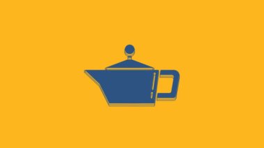 Mavi teneke kutu turuncu arka planda izole edilmiş motor makine yağı ikonu için. Benzin bidonu. Yağ değiştirme ve onarım servisi. 4K Video hareketli grafik canlandırması.