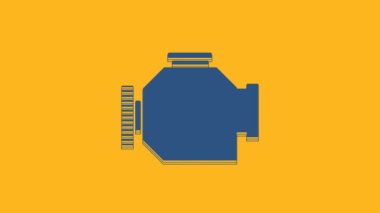Mavi motor simgesi turuncu arkaplanda izole edildi. 4K Video hareketli grafik canlandırması.