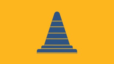 Blue Traffic cone icon isolated on orange background. 4K Video motion graphic animation.