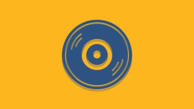 Mavi Vinil disk simgesi turuncu arkaplanda izole edildi. 4K Video hareketli grafik canlandırması.