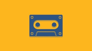 Blue Retro audio cassette tape icon isolated on orange background. 4K Video motion graphic animation.