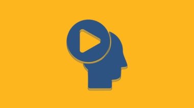 Çalma düğmesi simgesine sahip Mavi Başlı insanlar turuncu arka planda izole edilmiş. 4K Video hareketli grafik canlandırması.