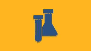 Blue Test tube and flask chemical laboratory test icon isolated on orange background. Laboratory glassware sign. 4K Video motion graphic animation.