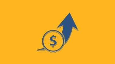 Blue Financial growth and coin icon isolated on orange background. Increasing revenue. 4K Video motion graphic animation.