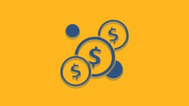 Turuncu arka planda dolar sembolü olan mavi sikke parası. Bankacılık işareti. Para sembolü. 4K Video hareketli grafik canlandırması.