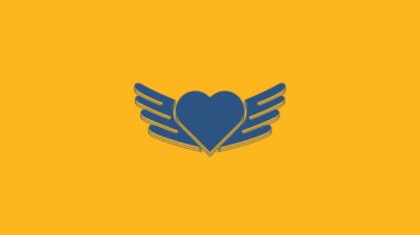 Blue Heart with wings icon isolated on orange background. Love symbol. Valentines day. 4K Video motion graphic animation.