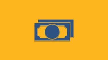 Blue Stacks paper money cash icon isolated on orange background. Money banknotes stacks. Bill currency. 4K Video motion graphic animation.